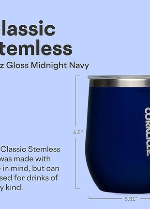 Corkcicle Stemless Wine Tumbler - Keeps Drinks Cold for 6 Hours - Triple-Insulated Stainless Steel - Non-Slip Base - Summer Drinkware Gift - Keeps Drinks Ice Cold - 12 oz - Gloss Midnight Navy