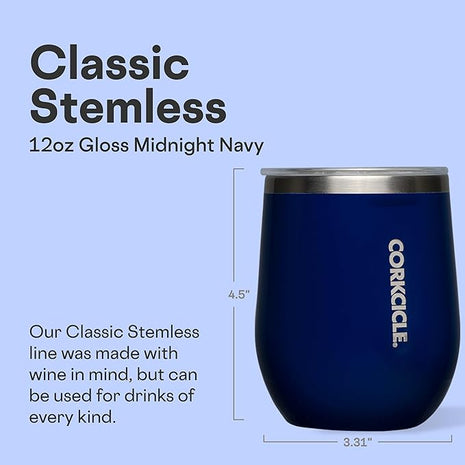 Corkcicle Stemless Wine Tumbler - Keeps Drinks Cold for 6 Hours - Triple-Insulated Stainless Steel - Non-Slip Base - Summer Drinkware Gift - Keeps Drinks Ice Cold - 12 oz - Gloss Midnight Navy
