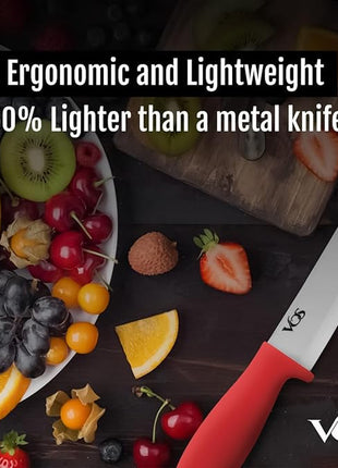 Vos Ceramic Knife Set with Peeler, Ceramic Knives Set For Kitchen, Ultra Sharp Kitchen Knife Set with Covers, 3" 4" 6" Paring, Utility & Chef Knife, Ultra Sharp, Lightweight, Dishwasher safe (Red)