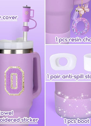Mity rain 6PCS Cup Accessories Set for Stanley Cup 30oz 40oz tumbler with handle, Including Silicone Straw Topper Cover Cap and Boot, Spill Proof Stopper, Handle Charm, Initials Sticker (Letter O)