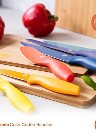 MasterChef Kitchen Knife Set with Covers incl. Paring, Boning, Carving, Bread, Santoku & Chef Knife, Sharp Cutting Stainless Steel Blades with Sheaths, 12 Piece (6 Colored Kitchen Knives & 6 Covers)