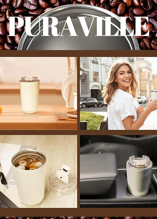 Puraville Insulated Tumblers with Lid, 10 oz Travel Coffee Mug Stainless Steel Vacuum Cup, Leak Proof Reusable Double Walled Coffee Tumbler for Iced and Hot Drinks, Cream