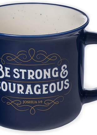 Christian Art Gifts Inspirational Ceramic Coffee & Tea Scripture Mug for Men & Women: Strong & Courageous Bible Verse, Microwave & Dishwasher Safe Non-toxic Beverage Cup, Dark Navy Blue/White, 13 oz.
