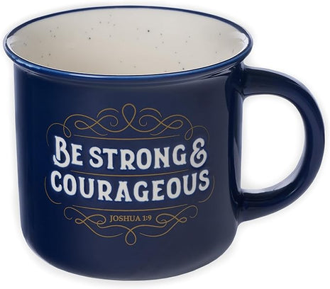 Christian Art Gifts Inspirational Ceramic Coffee & Tea Scripture Mug for Men & Women: Strong & Courageous Bible Verse, Microwave & Dishwasher Safe Non-toxic Beverage Cup, Dark Navy Blue/White, 13 oz.