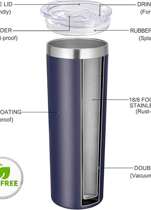 VEGOND Stainless Steel Tumblers Bulk 12 Pack, 20 oz Vacuum Insulated Skinny Tumblers with Lids and Straws, Double Wall Coffee Mug, Travel Water Cup, Navy Blue