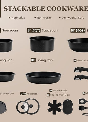 KIKCOIN 20 Pcs Pots and Pans Set Non Stick, Detachable Handle Cookware Sets Nonstick, Non Toxic Induction RV Kitchen Cooking Set with Removable Handles, Dishwasher/Oven Safe, Easy Clean (Black)