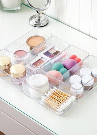 STORi SimpleSort 6-Piece Stackable Clear Drawer Organizer Set | 6" x 3" x 2" Rectangle Trays | Small Makeup Vanity Storage Bins and Office Desk Drawer Dividers | Made in USA