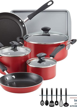 Farberware Cookstart DiamondMax Nonstick Cookware/Pots and Pans Set, Dishwasher Safe, Includes Baking Pan and Cooking Tools, 15 Piece - Red