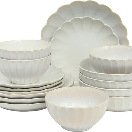 Gibson Elite Malibu Shore 16 Piece Scallop Stoneware Reactive Glaze (Service for 4) Ceramic Plates and Bowls Dinnerware Set - Shiny Cream White
