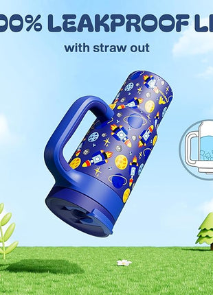 24 oz Stainless Steel Tumbler for Children: Durable Handle, Easy to Clean, Straw Gulp Lid, Car Cup Holder Friendly, Insulated Cup for Sport, Hiking, Carry, Adventures, Bag, Classroom (Space Rocket)