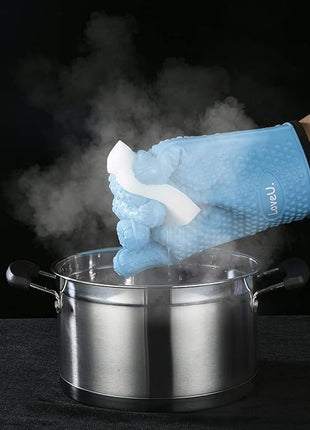 Kitchen Oven Gloves - Dual-Layer Heat Resistant Grilling Gloves, Silicone Oven Mitts with 5 Fingers, Waterproof Non-Slip Pot Holder for Barbecue, Cooking, Baking (XL-XXXL, Blue)