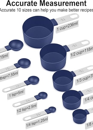Measuring Cups and Spoons Set, 10 Pieces Nesting Measure Cups and Spoons, Kitchen Essentials Gadgets with Stainless Steel Handle for Dry & Liquid Ingredient, Blue