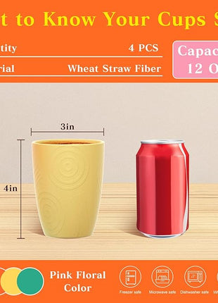 Homienly Wheat Straw Cups Alternative to Plastic Cups Set of 4 Premium Drinking Glasses - 12 OZ, Unbreakable Drinking Cups, Dishwasher & Microwave Safe Tumbler Cups for Kitchen, Kids, Picnic - Multi