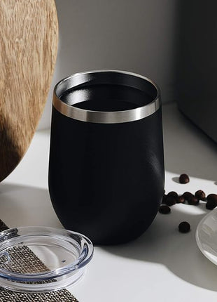 MEWAY 12OZ/8 Pack Wine Tumbler Glasses with Lid - Stemless Double Wall Vacuum Stainless Steel Travel Tumbler - Keeping Cold & Hot for Wine,Coffee,Cocktails,Drinks-Family and Gifts (Black,Set of 8)