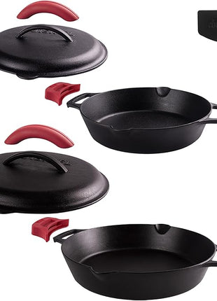 Cuisinel Cast Iron Skillet + Cast Iron Lid Set - 10+12"-Inch Dual Handle Frying Pans + Pan Scraper + Silicone Handle Covers - Preseasoned Indoor/Outdoor, Grill, Stovetop, Induction, Oven Cookware