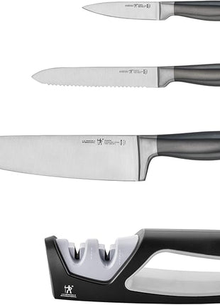 HENCKELS Graphite 4-pc Starter Knife Set, 8" Chef Knife, 5-in. Serrated Utility, 3-in. Paring Knife, and Handheld Sharpener