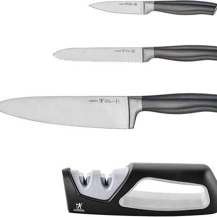HENCKELS Graphite 4-pc Starter Knife Set, 8" Chef Knife, 5-in. Serrated Utility, 3-in. Paring Knife, and Handheld Sharpener