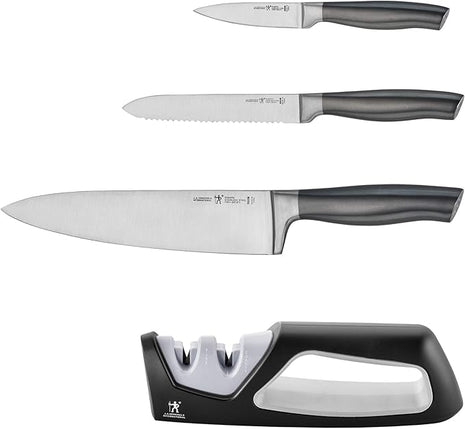 HENCKELS Graphite 4-pc Starter Knife Set, 8" Chef Knife, 5-in. Serrated Utility, 3-in. Paring Knife, and Handheld Sharpener