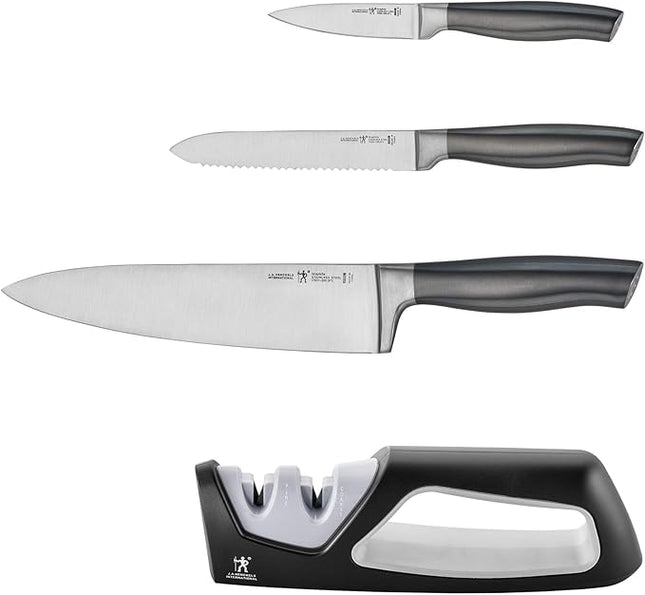 HENCKELS Graphite 4-pc Starter Knife Set, 8" Chef Knife, 5-in. Serrated Utility, 3-in. Paring Knife, and Handheld Sharpener