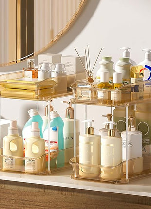 Delamu 2-Tier Under Sink Organizers and Storage, Multi-Purpose Stackable Bathroom Cabinet Organizers, Pull Out Kitchen Pantry Organization and Storage with Dividers Amber, 4 Pack