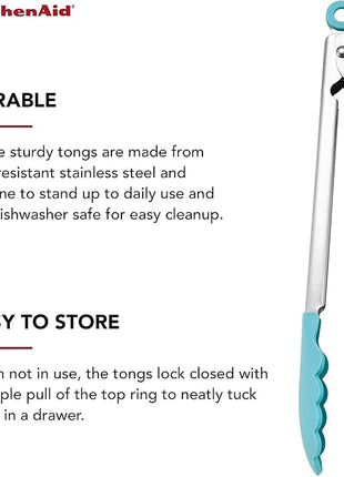 KitchenAid Silicone Tipped Stainless Steel Tongs, 12 Inch, Aqua Sky