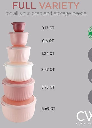 COOK WITH COLOR Prep Bowls with Lids- Wide and Deep Nesting Plastic Small Mixing Bowl Set with Lids, 12 Piece Set - Deep Bowls, Pink