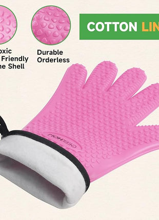 GEEKHOM BBQ Gloves Heat Resistant Oven Mitts - Silicone Grilling Gloves with 13.7" Arm Protection - Waterproof Pot Holder Non-Slip for Men & Women, Kitchen Outdoor Cooking, Baking, Camping, Pink