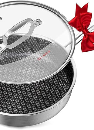 DELARLO Tri-Ply Hybrid Stainless Steel 10 Inch Saute Pan,3QT Chef Cooking Pan,Anti-Scratch,Compatible with All Cooktops,Oven Up to 660℉,Chicken Fryer,Dishwasher-Friendly（Detachable handle）