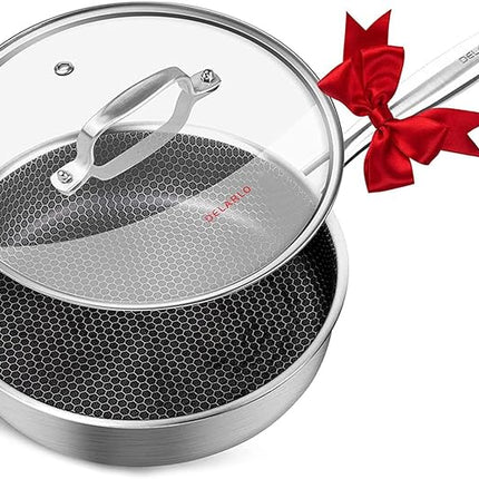 DELARLO Tri-Ply Hybrid Stainless Steel 10 Inch Saute Pan,3QT Chef Cooking Pan,Anti-Scratch,Compatible with All Cooktops,Oven Up to 660℉,Chicken Fryer,Dishwasher-Friendly（Detachable handle）