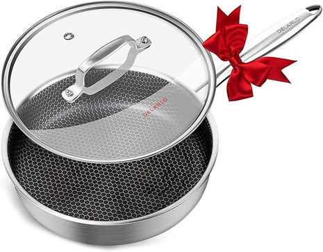DELARLO Tri-Ply Hybrid Stainless Steel 10 Inch Saute Pan,3QT Chef Cooking Pan,Anti-Scratch,Compatible with All Cooktops,Oven Up to 660℉,Chicken Fryer,Dishwasher-Friendly（Detachable handle）