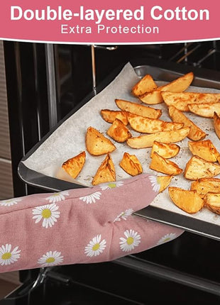 AUAUY Oven Mitts and Potholders, BBQ Gloves Heat Resistant, 1 Pair Oven Mitts and 2 Pot Holders, Cotton Non-Slip Cooking Gloves for Cooking Baking Kitchen Microwave Pizza(Daisy-Pink)