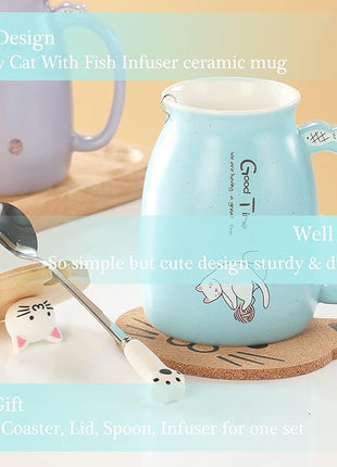 BigNoseDeer Cute Mugs Kawaii Cat Mug Ceramic Coffee Mug Tea Cup with Infuser and Lid Spoon Tea Mug Cute Cool Preppy Stuff Gifts for Women (Blue 13oz)