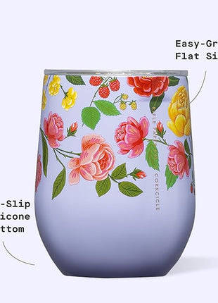 Corkcicle Stemless Insulated Wine Glass Tumbler - Keeps Beverages Cold 6 Hrs Hot 3 Hrs - Stainless Steel - Easy-Grip - Gift for Mom - Great for Mother's Day or Christmas - 12 oz - Roses Purple