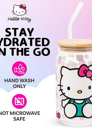 Silver Buffalo Sanrio Hello Kitty Strawberry Milk Bow Pink Polka Dot Glass Jar Tumbler with Bamboo Lid and Glass Straw, 16 Ounces