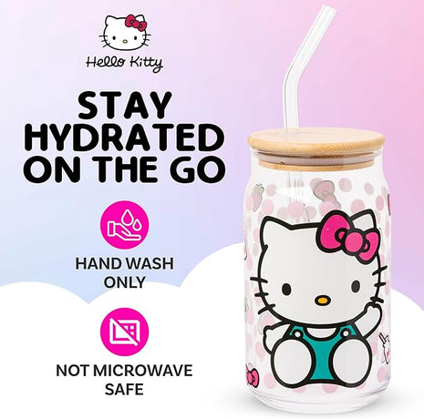 Silver Buffalo Sanrio Hello Kitty Strawberry Milk Bow Pink Polka Dot Glass Jar Tumbler with Bamboo Lid and Glass Straw, 16 Ounces