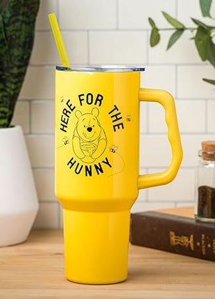 Silver Buffalo Disney Winnie the Pooh Here for the Hunny Stainless Steel Tumbler with Handle and Straw, Fits in Standard Cup Holder, 40 Ounces