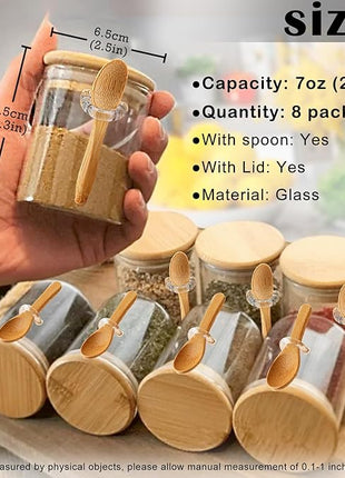 Spice Jars with Label 7oz Glass Storage Containers with Lids and Spoon Small Glass Jars for Overnight Oats Cereal Containers Storage Meal Prep Jars for Sugar Yogurt Chia Pudding Salt Candy 8pcs