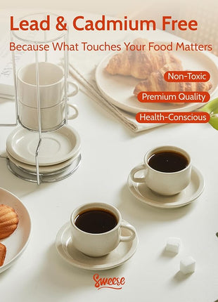 Sweese Porcelain Espresso Cups Set, 2.5 oz, with Saucers, Metal Stand, Stackable - Dove Grey, 4 Pack