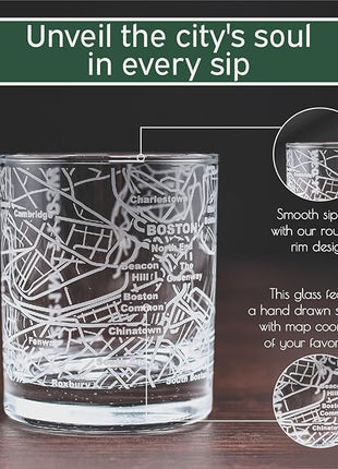 Greenline Goods Whiskey Glasses - 10 Oz Tumbler Gift Set for Boston lovers, Etched with Boston Map | Old Fashioned Rocks Glass - Set of 2