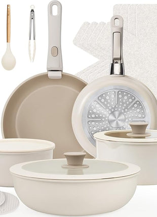 KIKCOIN Ceramic Cookware Set, 20 Pack Nonstick Pots and Pans Set with Detachable Handles, Healthy Frying Pans, Induction Dishwasher Oven Safe Kitchen Set, PFAS PFOA & PTFE Free