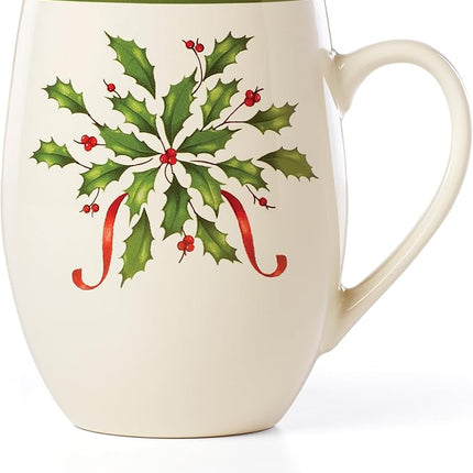 Lenox Coffee Mug, 18 Oz Holiday Cocoa Mug Set, Stoneware Material, Microwave and Dishwasher Safe, Christmas Holly Drinkware Set, Christmas Decorations, Holly Design (Red/Green, 18 Oz, 1 Piece)
