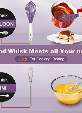 Walfos Whisk,Silicone Whisk Heat Resistant (480°F) Kitchen Whisks set of 5.Non Scratch Coated Whisks for Nonstick Cookware,Egg Wisk Premium for Blending,Whisking,Beating,Frothing. (Purple)
