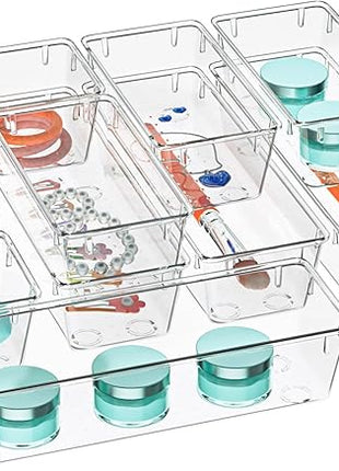 WOWBOX 12 Pack Clear Drawer Organizer Set, Acrylic Drawer Storage Trays, Storage Bins for Makeup, Cosmetics, Jewelries, Utensils, Gadgets, Office