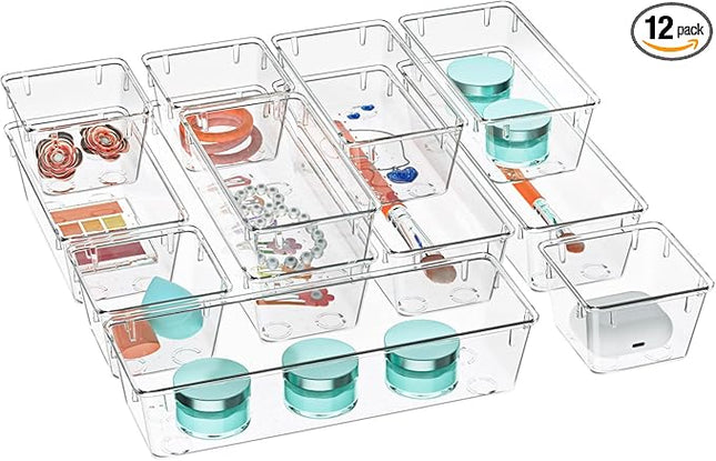WOWBOX 12 Pack Clear Drawer Organizer Set, Acrylic Drawer Storage Trays, Storage Bins for Makeup, Cosmetics, Jewelries, Utensils, Gadgets, Office