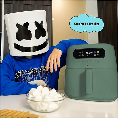 CRUX x Marshmello 3.0 QT Digital Air Fryer with TurboCrisp Technology, Touch Screen Temperature Control, Timer and Auto Shut-off, Fully Programmable, Silicone Cupcake Molds Included, Olive
