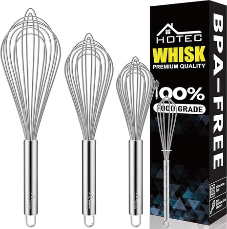 HOTEC 4 Pieces Stainless Steel Whisks Set Wire Whisk Balloon Whisk Egg Beater Kitchen Utensils for Stirring, Beating, Blending