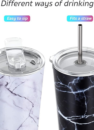 THILY Stainless Steel Vacuum Insulated Tumbler 26 oz Triple-Insulated Travel Mug with Splash-Proof Lid, for Iced Coffee and Hot Beverage, White Marble + Black Marble