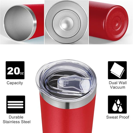 VEGOND 20 oz Stainless Steel Skinny Tumbler with Lids and Straws, 20oz Vacuum Insulated Slim Tumbler Cup, Double Wall Travel Tumblers Bulk for Cold Hot Drinks, Red 12 Pack