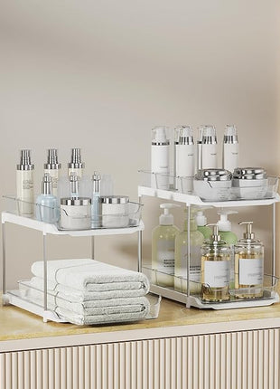 Delamu 4 Pack 2-Tier Bathroom Under Sink Organizers and Storage, Multi-Purpose Stackable Pantry Organization and Storage, Pull Out Clear Kitchen Bathroom Cabinet Organizer with Movable Dividers, White