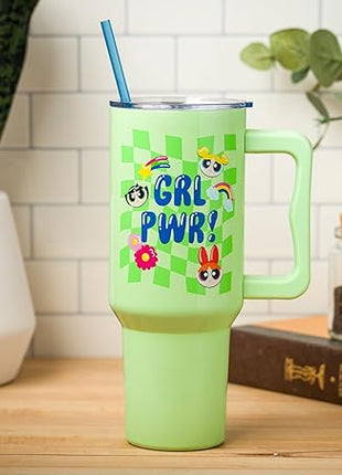 Silver Buffalo Powerpuff Girls Girl Power Groovy Retro Featuring Blossom, Bubbles, and Buttercup Stainless Steel Tumbler with Handle and Straw, Fits in Standard Cup Holder, 40 Ounces